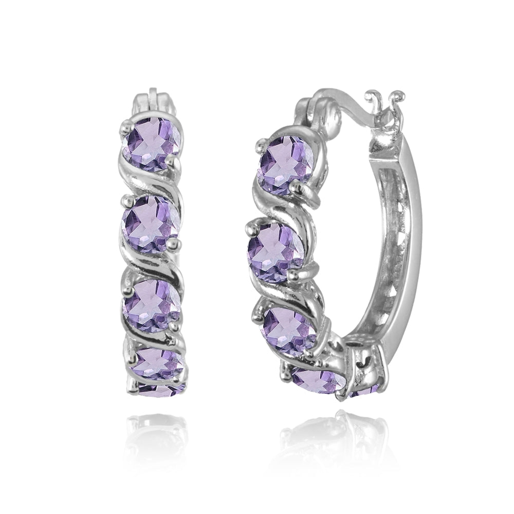 Sterling Silver Amethyst S Design Round Hoop Earrings