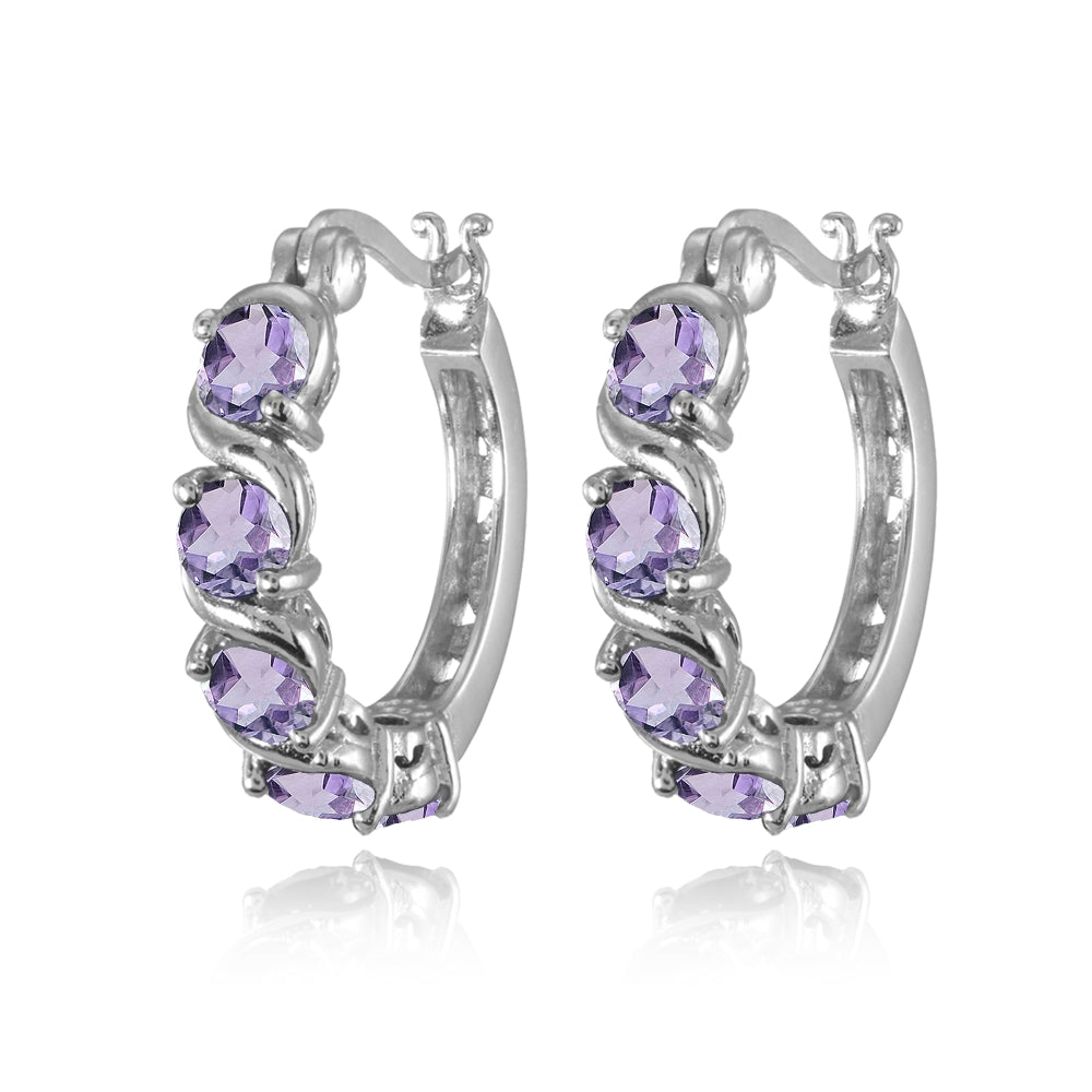 Sterling Silver Amethyst S Design Round Hoop Earrings-2