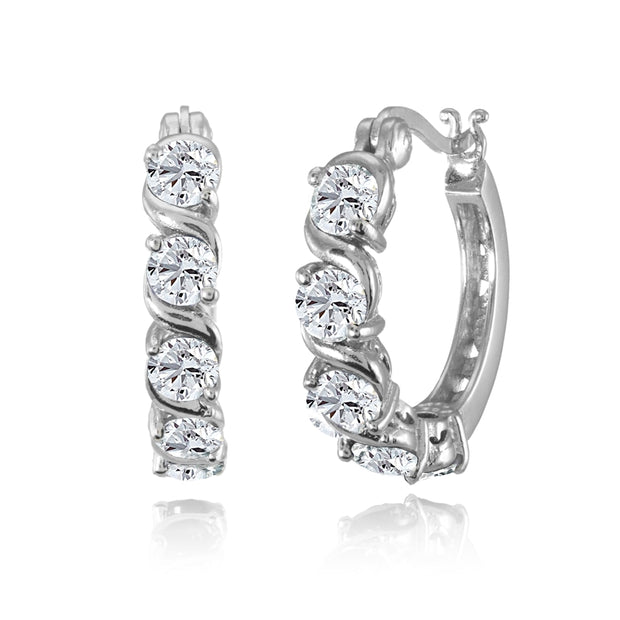 Sterling Silver Created White Sapphire S Design Round Hoop Earrings
