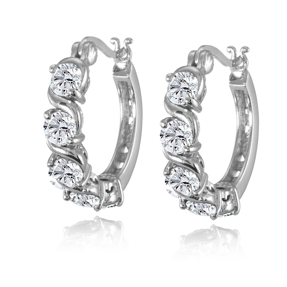 Sterling Silver Created White Sapphire S Design Round Hoop Earrings-2