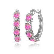 Sterling Silver Created Pink Opal S Design Round Hoop Earrings