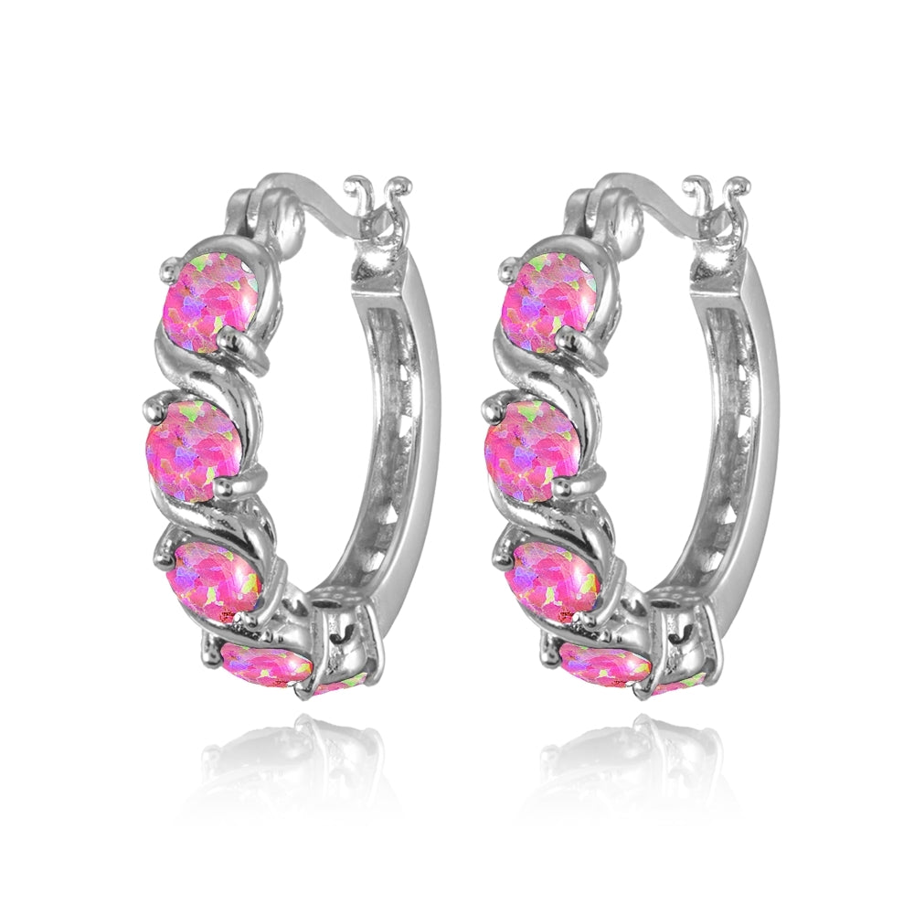 Sterling Silver Created Pink Opal S Design Round Hoop Earrings-2