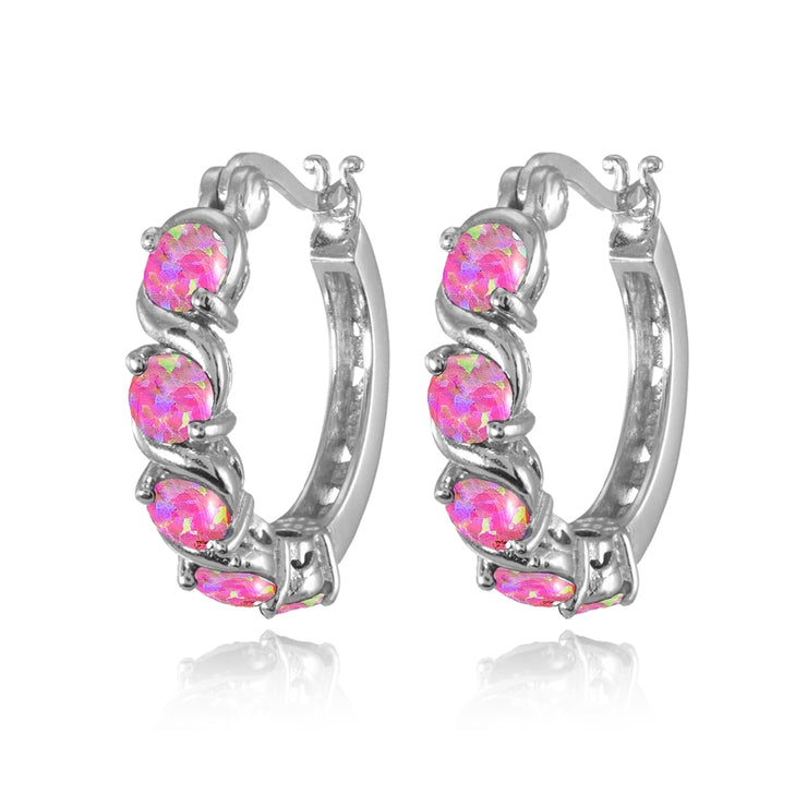 Sterling Silver Created Pink Opal S Design Round Hoop Earrings