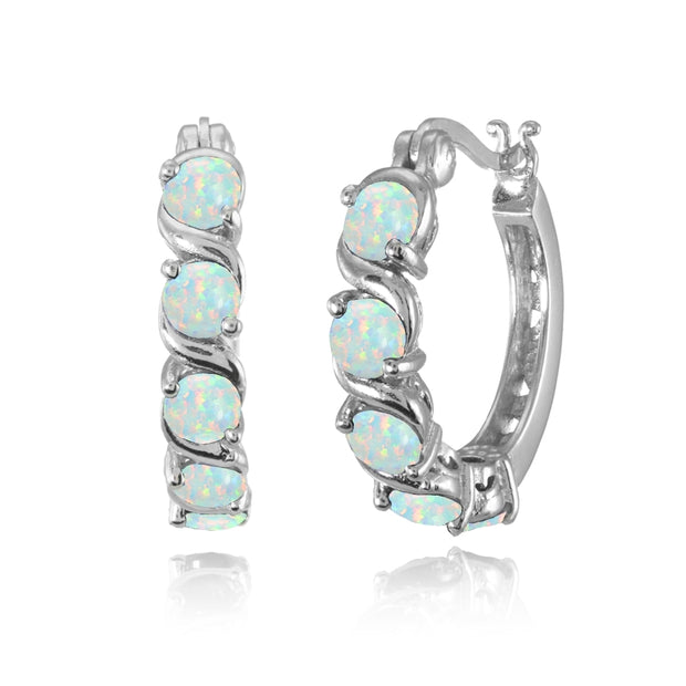 Sterling Silver Created White Opal S Design Round Hoop Earrings