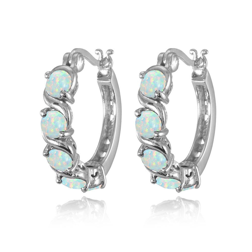 Sterling Silver Created White Opal S Design Round Hoop Earrings-2