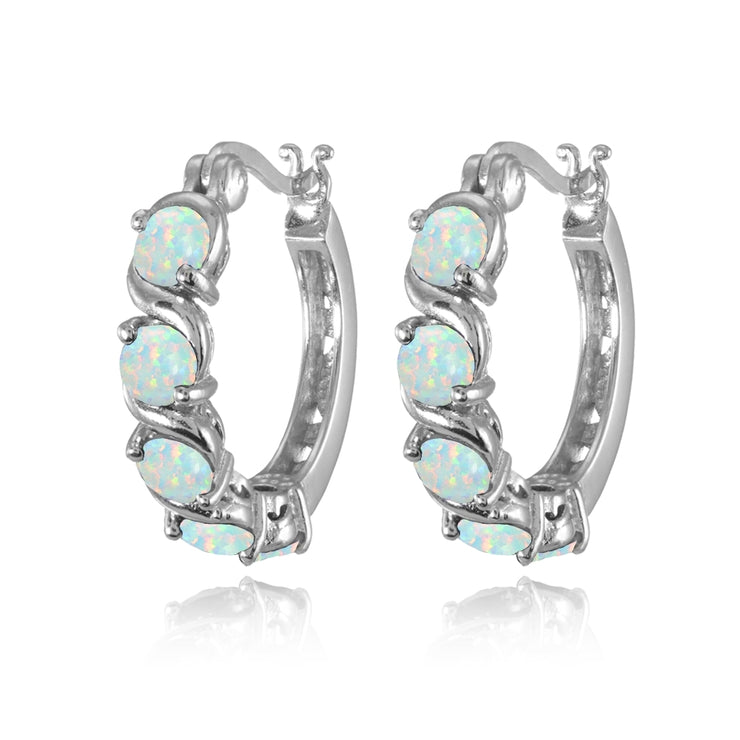 Sterling Silver Created White Opal S Design Round Hoop Earrings