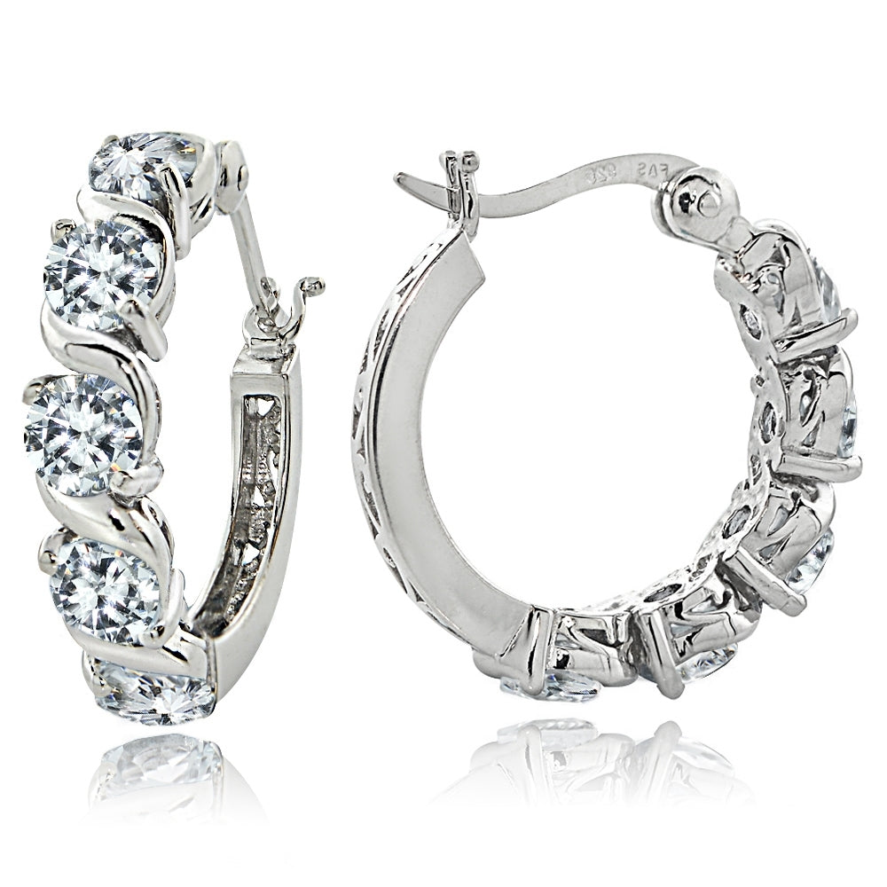 Sterling Silver Cubic Zirconia S Design Hoop Earrings
