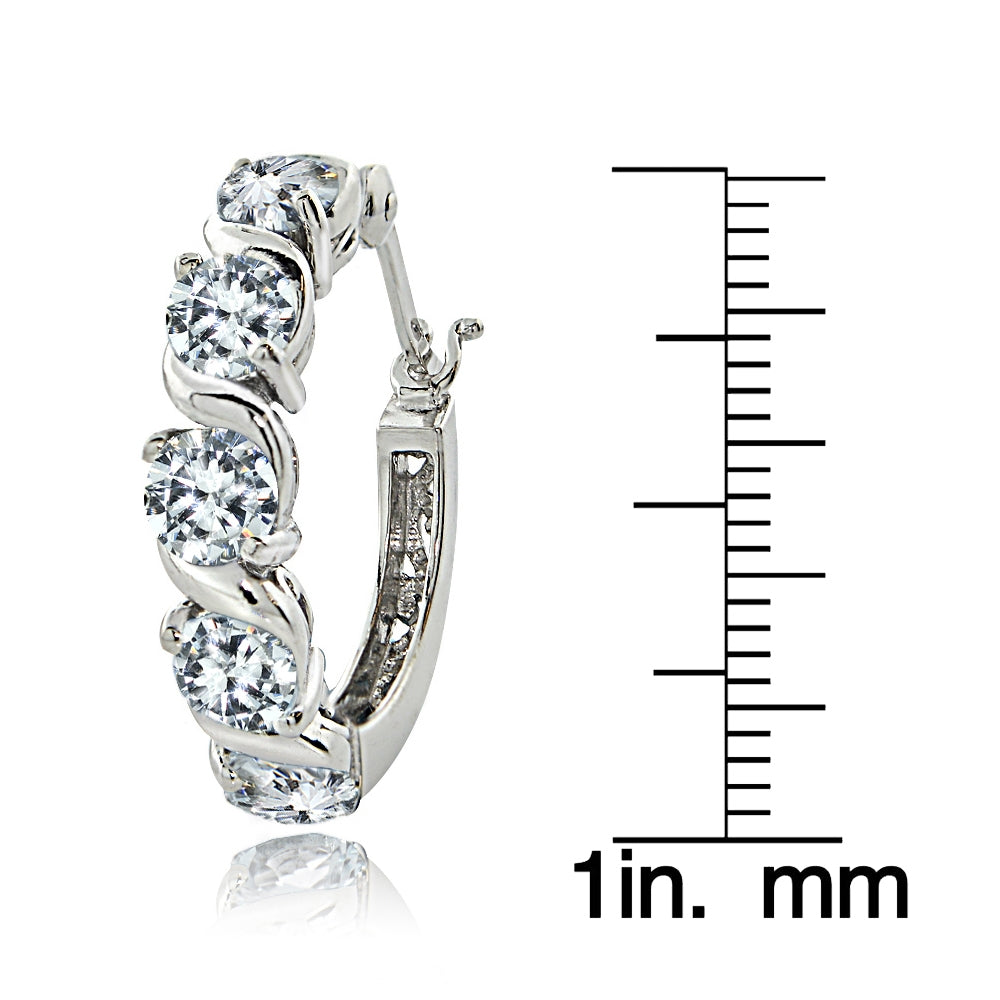 Sterling Silver Cubic Zirconia S Design Hoop Earrings-3