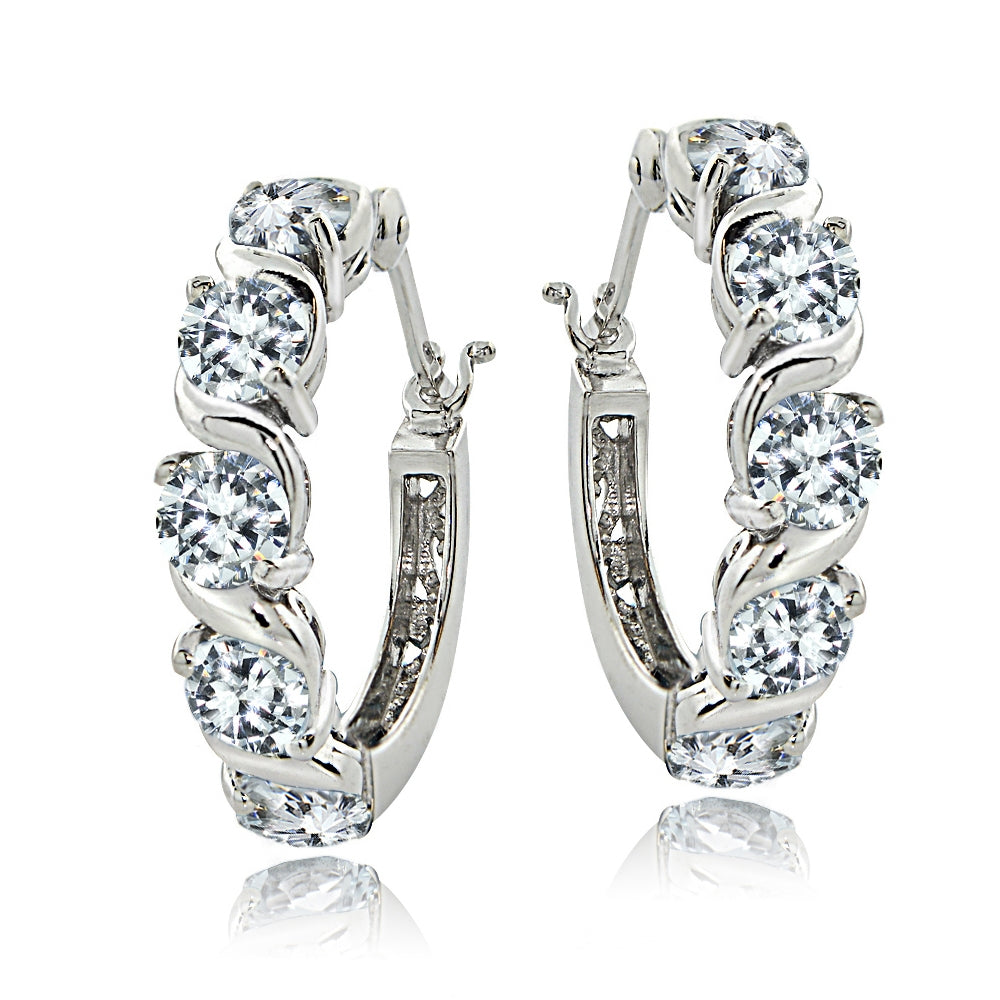 Sterling Silver Cubic Zirconia S Design Hoop Earrings-4
