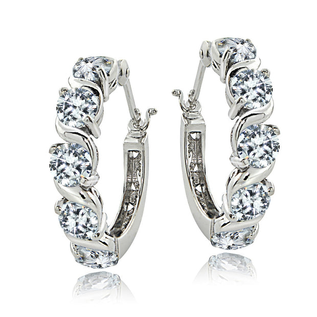Sterling Silver Cubic Zirconia S Design Hoop Earrings