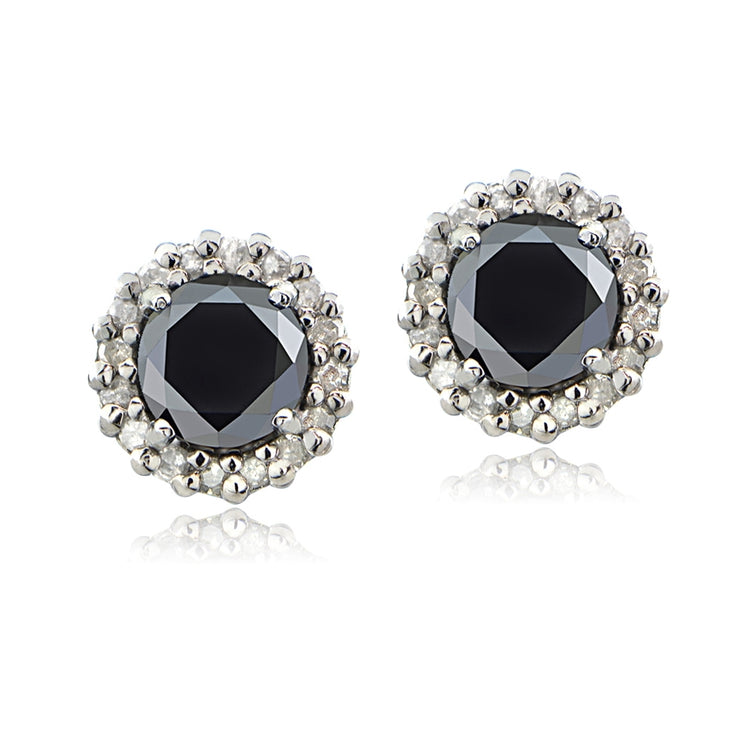 Sterling Silver 1.15ct tdw Black & White Diamond Halo Stud Earrings