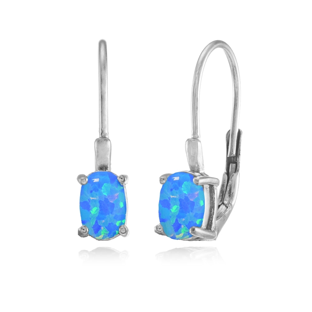 Sterling Silver Created Blue Opal 6x4mm Oval Leverback Earrings