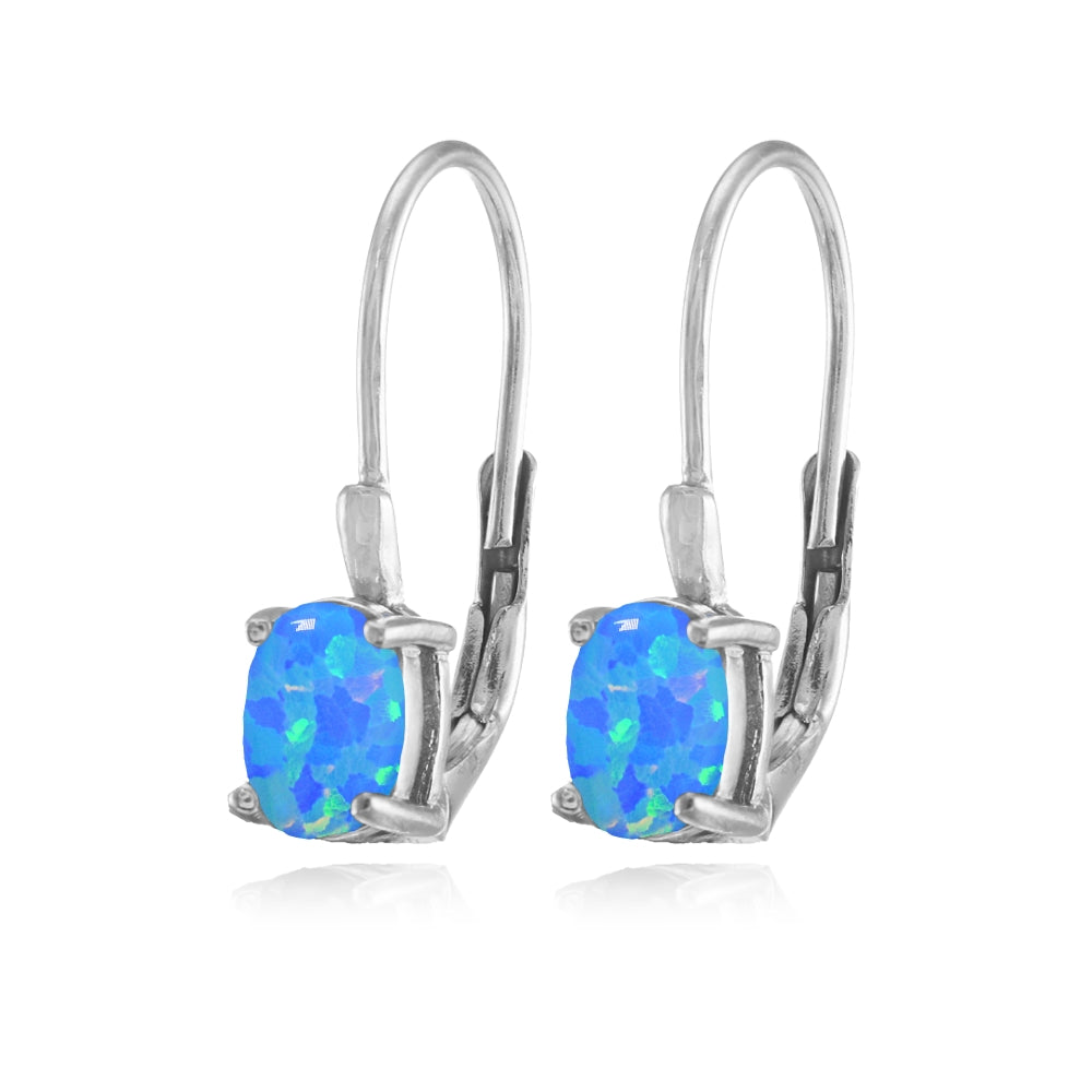 Sterling Silver Created Blue Opal 6x4mm Oval Leverback Earrings-2