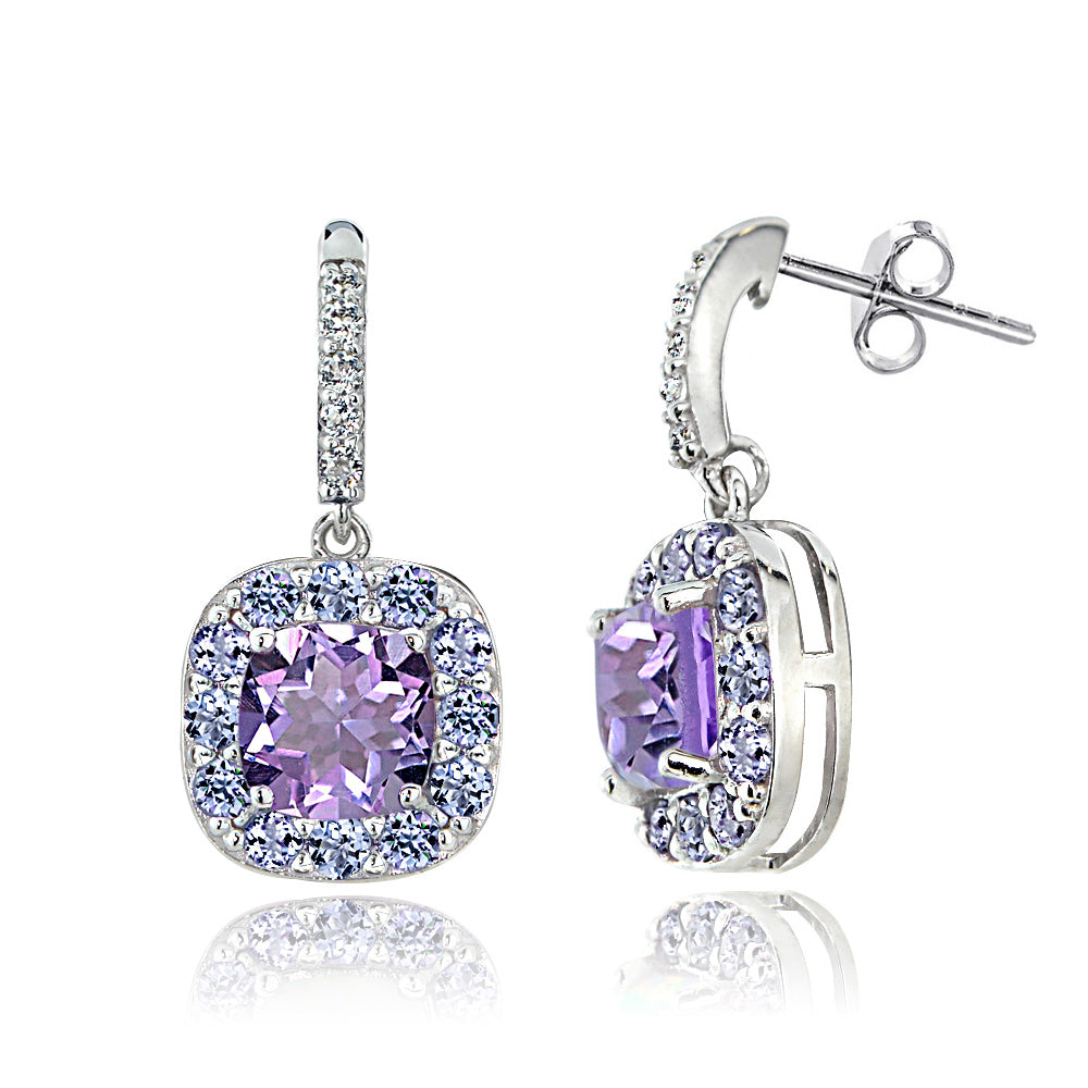 Sterling Silver White Topaz with 2.75ct TGW Amethyst and 1ct TGW Tanzanite Square Dangle Earrings