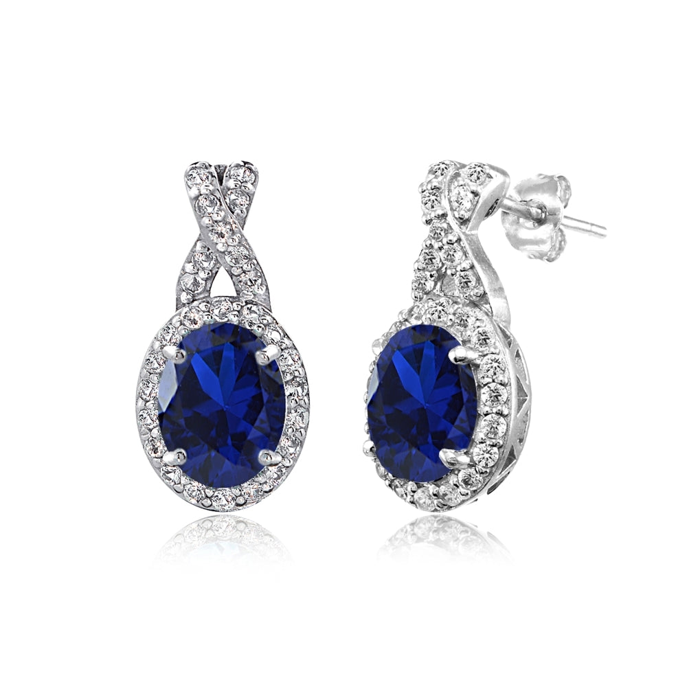 Sterling Silver Created Blue Sapphire & White Topaz Oval X Drop Earrings