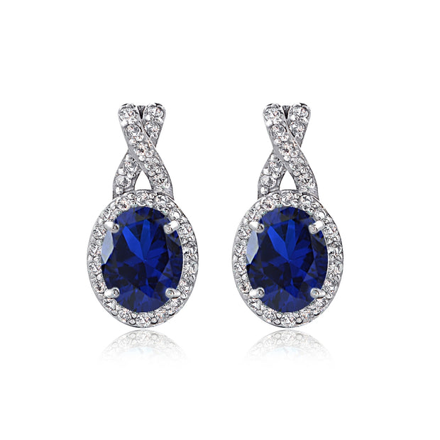 Sterling Silver Created Blue Sapphire & White Topaz Oval X Drop Earrings