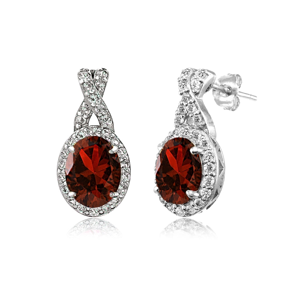 Sterling Silver Garnet & White Topaz X and Oval Drop Earrings