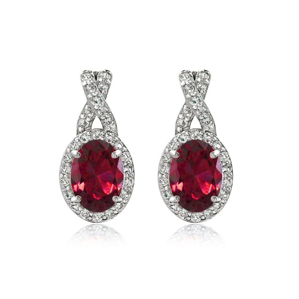 Sterling Silver Created Ruby & White Topaz Oval and X Drop Earrings-2