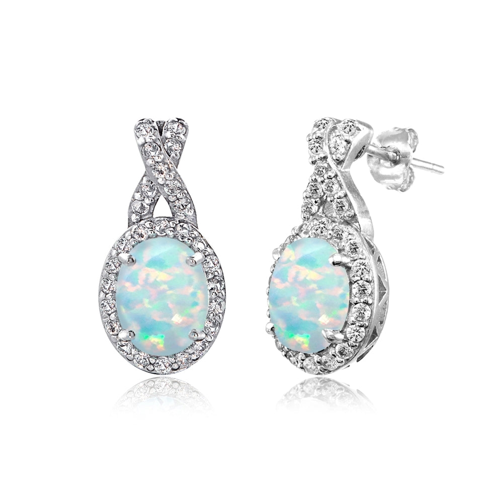 Sterling Silver Created White Opal & White Topaz X and Oval Drop Earrings