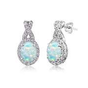 Sterling Silver Created White Opal & White Topaz X and Oval Drop Earrings