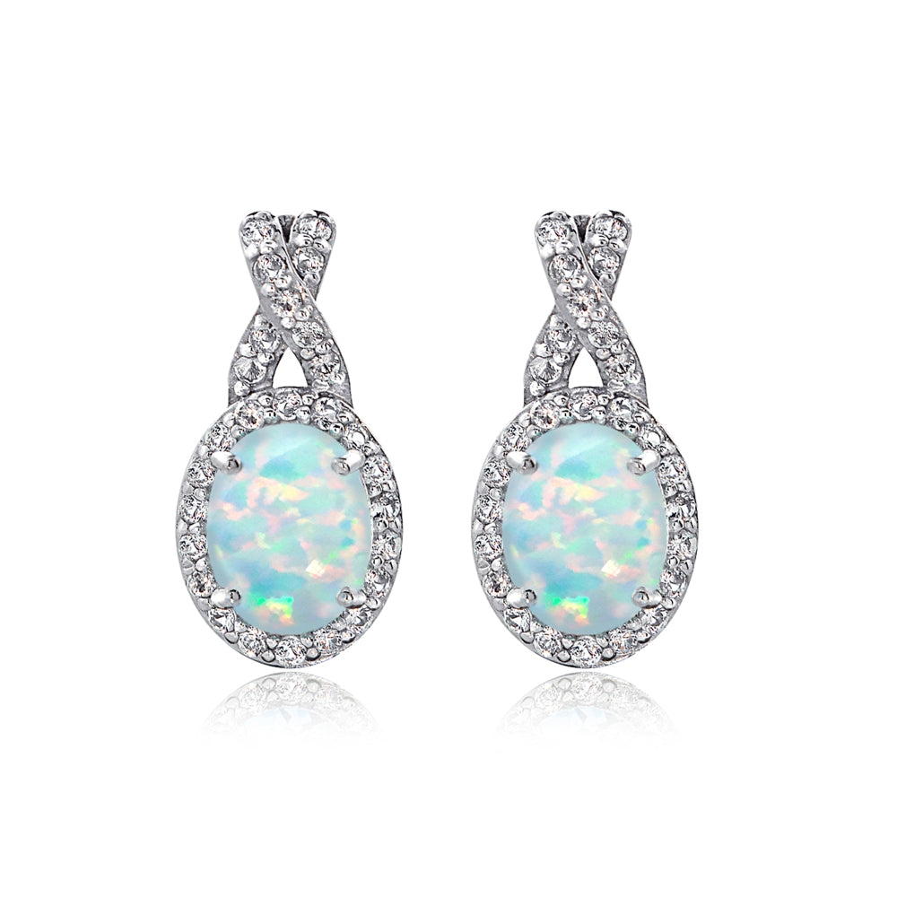 Sterling Silver Created White Opal & White Topaz X and Oval Drop Earrings-2