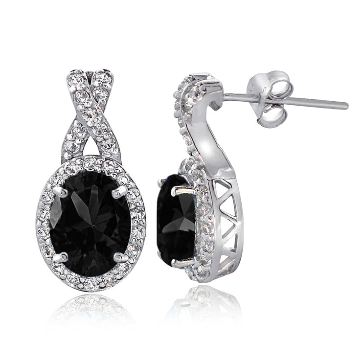 Sterling Silver Black Sapphire & White Topaz X and Oval Drop Earrings