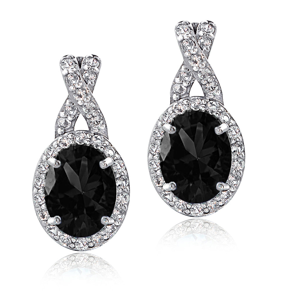 Sterling Silver Black Sapphire & White Topaz X and Oval Drop Earrings-2