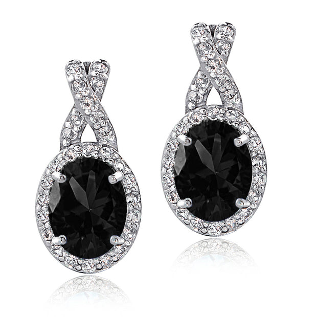 Sterling Silver Black Sapphire & White Topaz X and Oval Drop Earrings