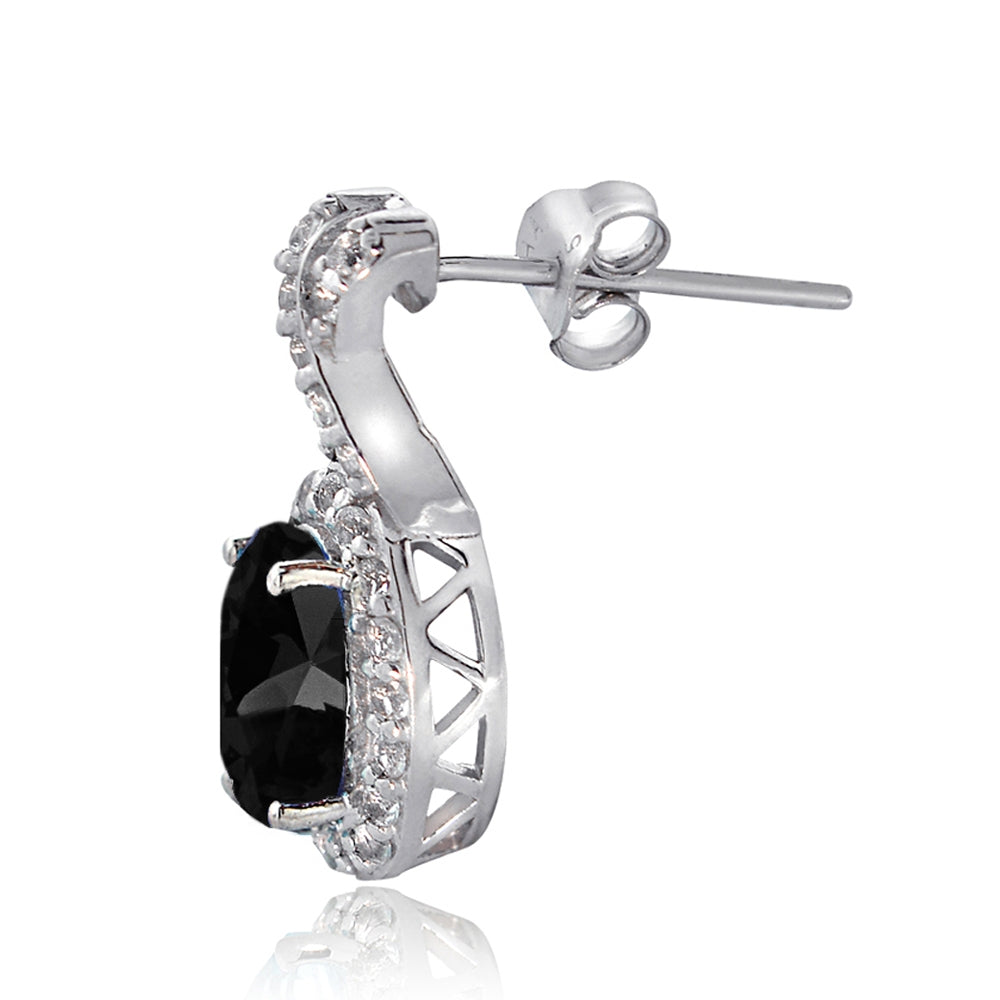 Sterling Silver Black Sapphire & White Topaz X and Oval Drop Earrings-3