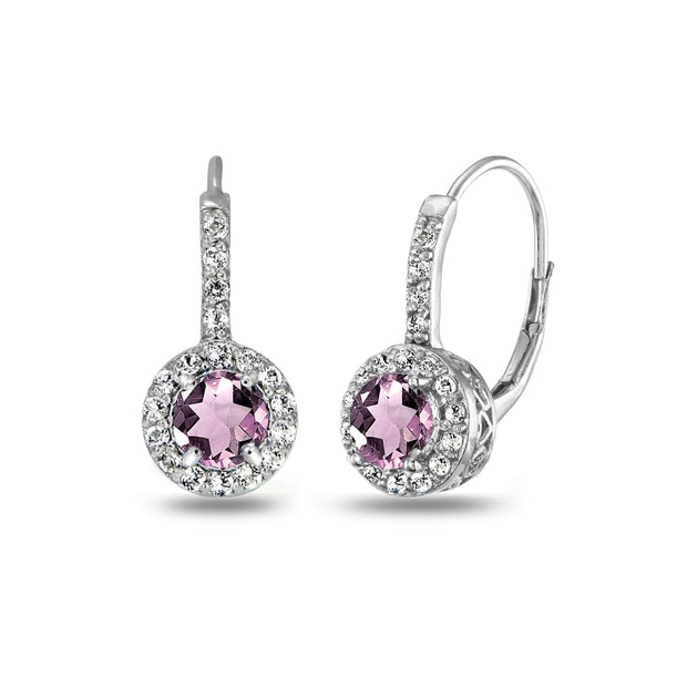 Sterling Silver Created Alexanderite & White Topaz Round Dainty Halo Leverback Earrings