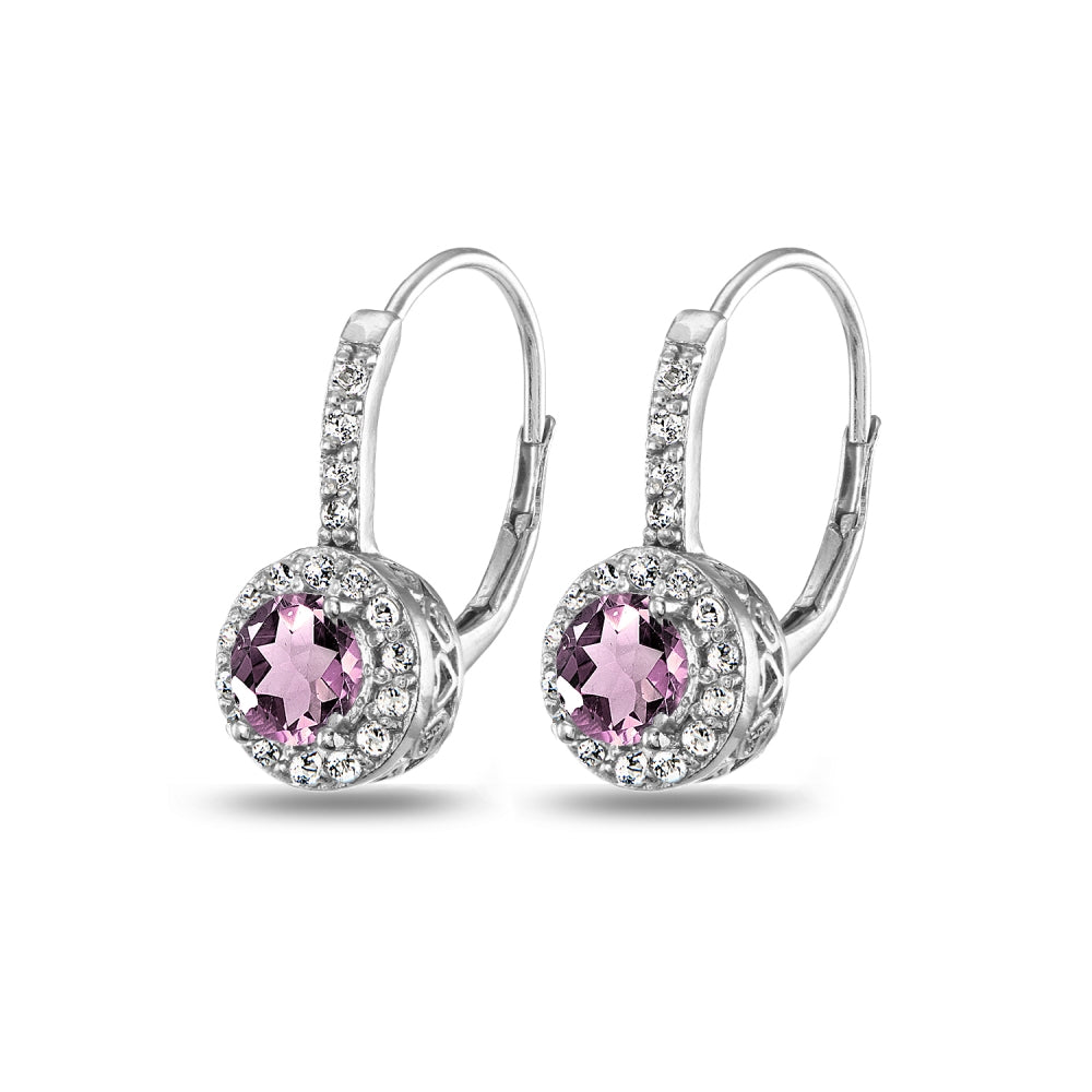 Sterling Silver Created Alexanderite & White Topaz Round Dainty Halo Leverback Earrings-3