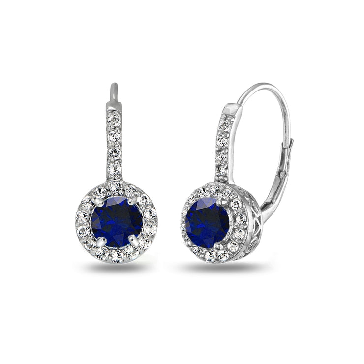 Sterling Silver Created Blue Sapphire & White Topaz Round Dainty Halo Leverback Earrings