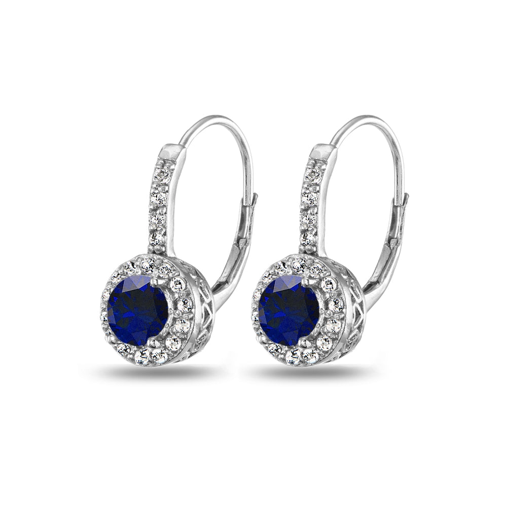 Sterling Silver Created Blue Sapphire & White Topaz Round Dainty Halo Leverback Earrings-3