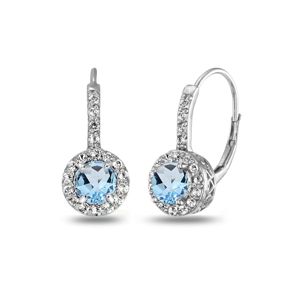 Sterling Silver Blue & White Topaz Round Dainty Halo Leverback Earrings