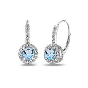 Sterling Silver Blue & White Topaz Round Dainty Halo Leverback Earrings