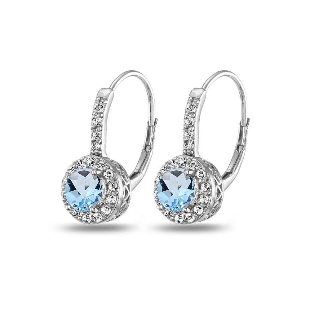 Sterling Silver Blue & White Topaz Round Dainty Halo Leverback Earrings-3
