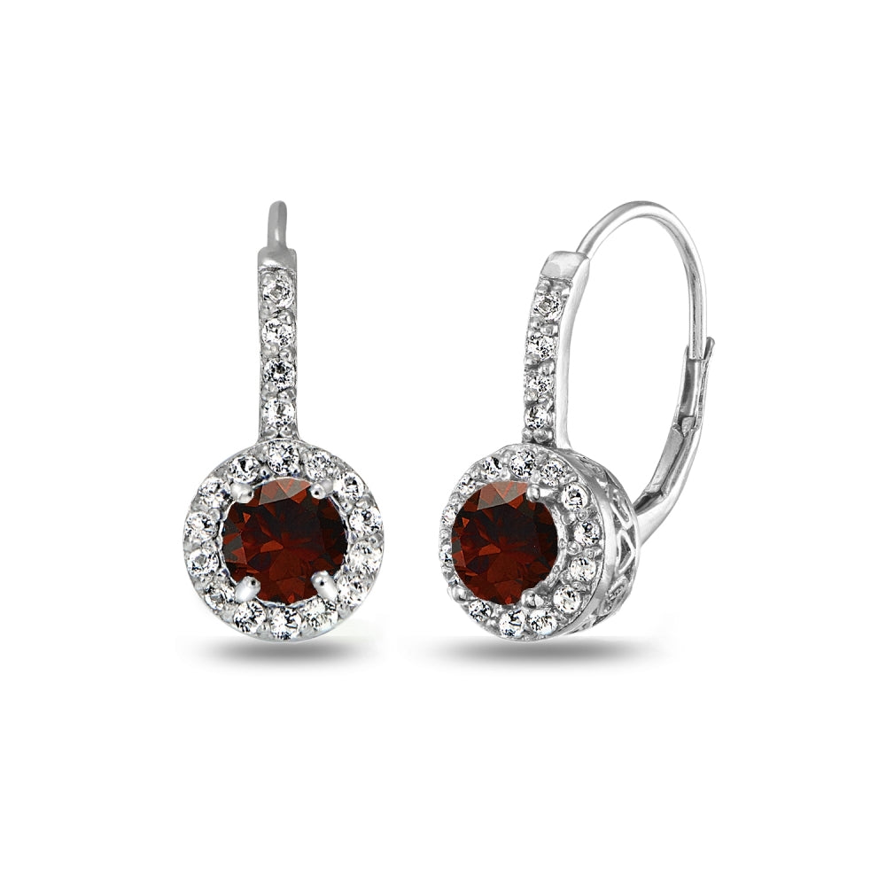 Sterling Silver Garnet & White Topaz Round Dainty Halo Leverback Earrings