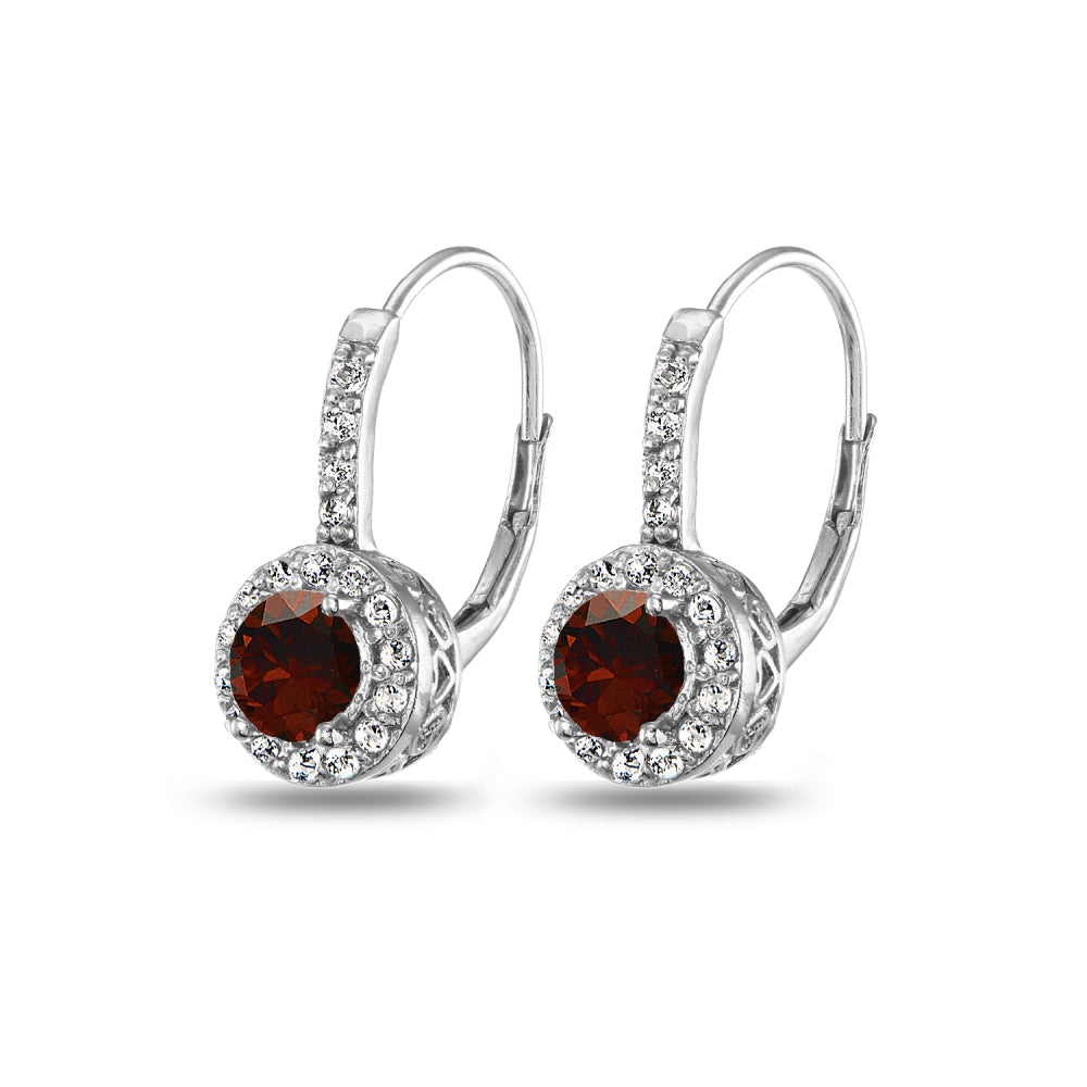 Sterling Silver Garnet & White Topaz Round Dainty Halo Leverback Earrings-3