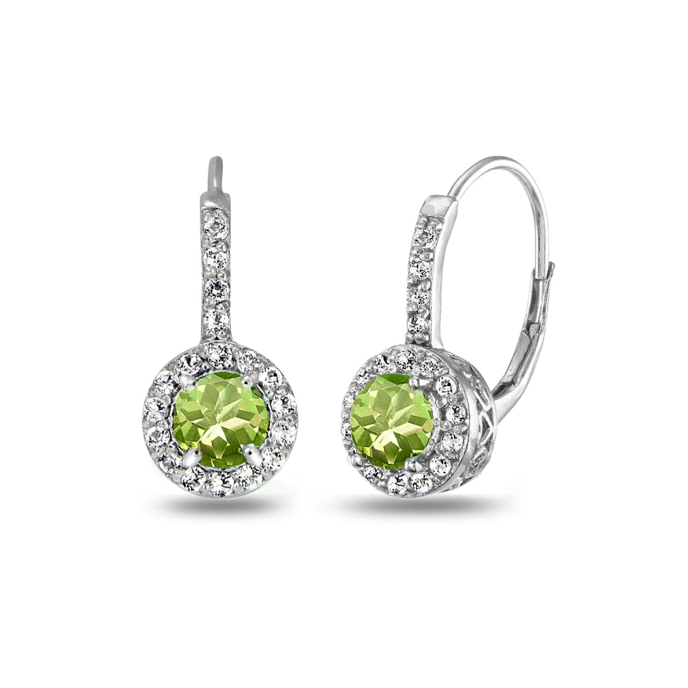 Sterling Silver Peridot & White Topaz Round Dainty Halo Leverback Earrings