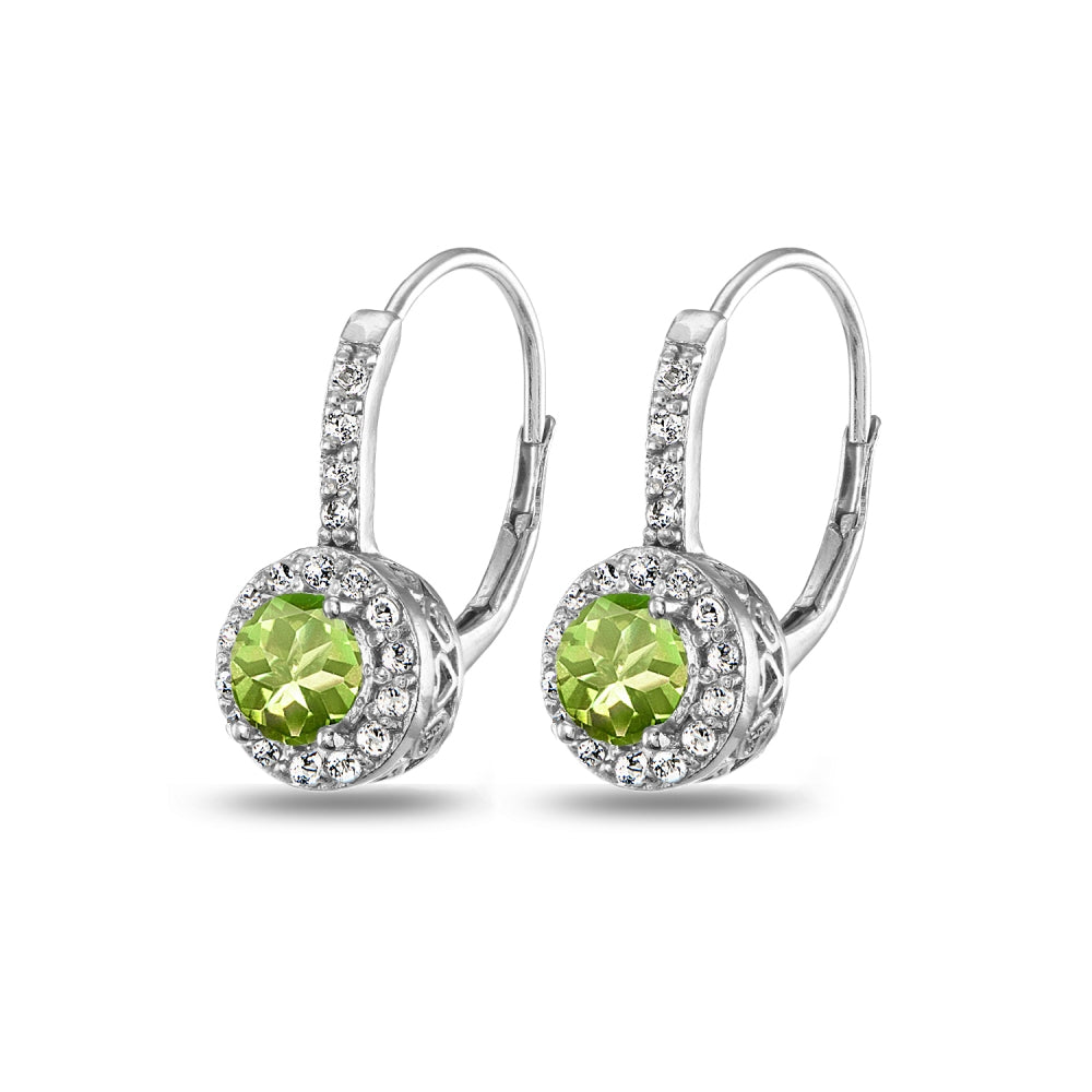 Sterling Silver Peridot & White Topaz Round Dainty Halo Leverback Earrings-3