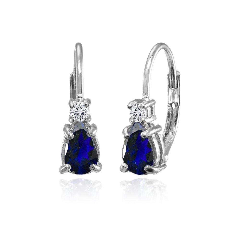 Sterling Silver Created Blue Sapphire and White Topaz Dainty Teardrop Huggie Leverback Earrings