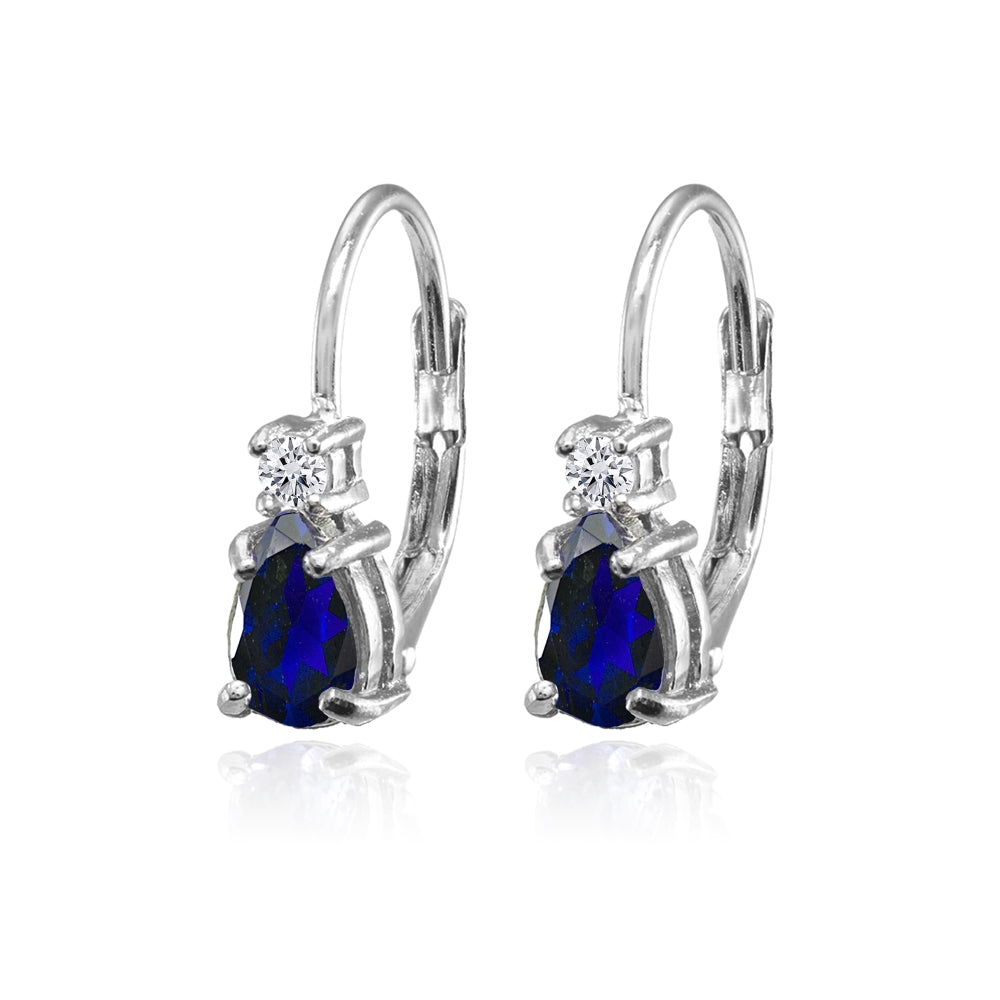 Sterling Silver Created Blue Sapphire and White Topaz Dainty Teardrop Huggie Leverback Earrings-2