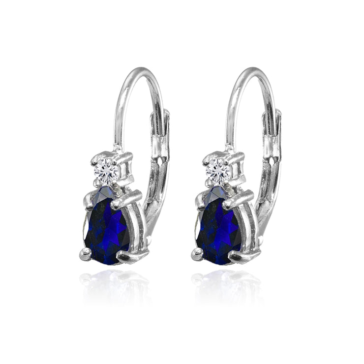 Sterling Silver Created Blue Sapphire and White Topaz Dainty Teardrop Huggie Leverback Earrings
