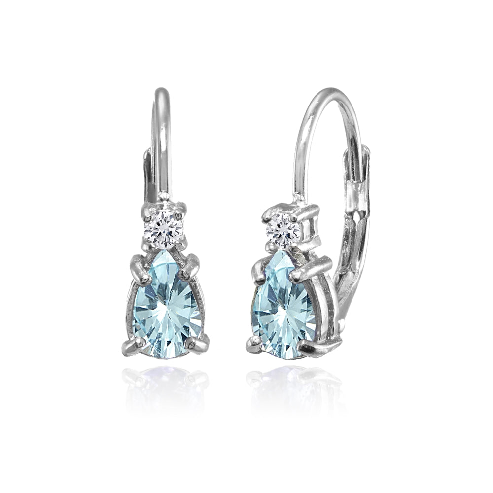 Sterling Silver Blue and White Topaz Dainty Teardrop Huggie Leverback Earrings