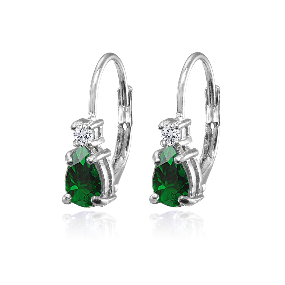 Sterling Silver Created Emerald and White Topaz Dainty Teardrop Huggie Leverback Earrings-2