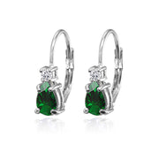 Sterling Silver Created Emerald and White Topaz Dainty Teardrop Huggie Leverback Earrings
