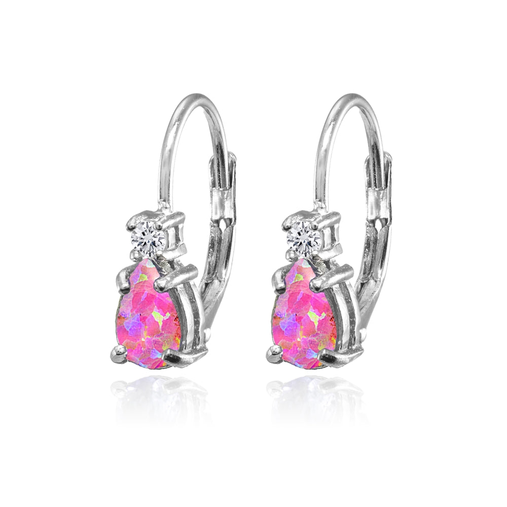 Sterling Silver Created Pink Opal & White Topaz Teardrop Leverback Earrings-2