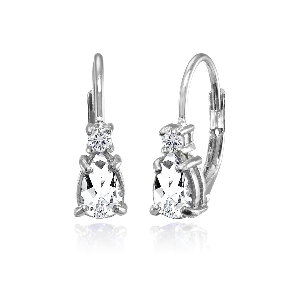Sterling Silver White Topaz Dainty Teardrop Huggie Leverback Earrings