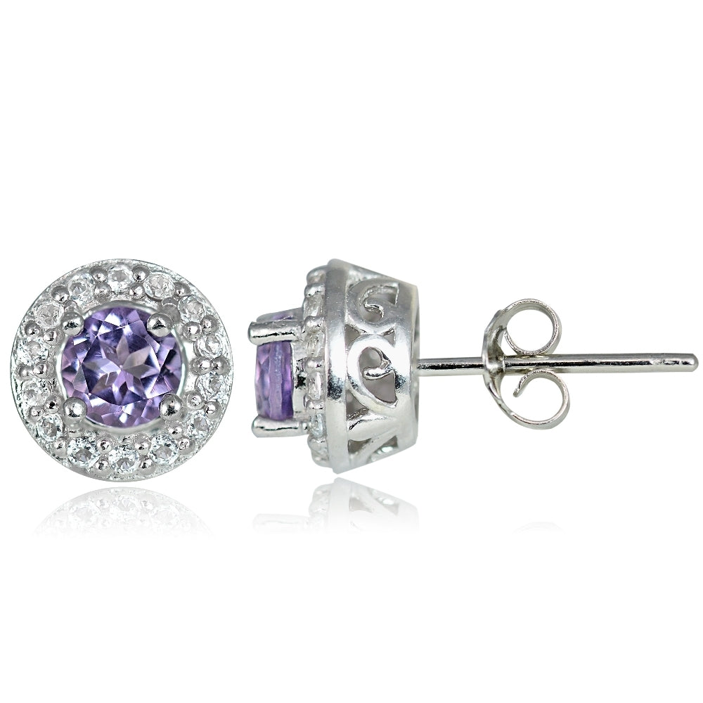 Sterling Silver 0.55ct Amethyst & White Topaz 4mm Halo Stud Earrings