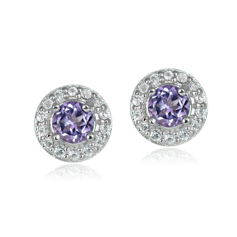 Sterling Silver 0.55ct Amethyst & White Topaz 4mm Halo Stud Earrings-2